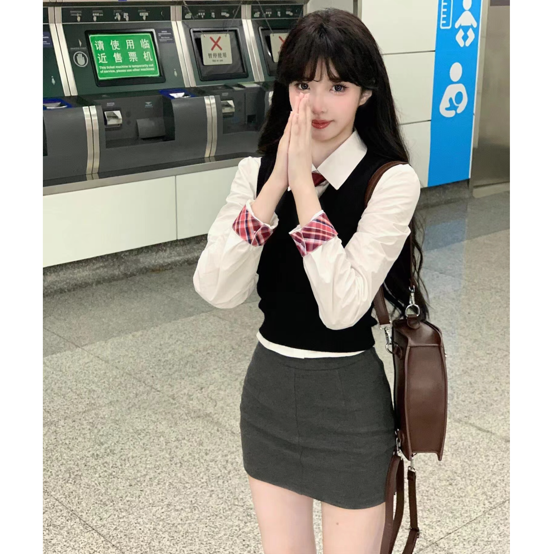 JMSHOP别拒绝女高韩式学院风套装秋冬针织背心纯欲学姐甜美包臀裙