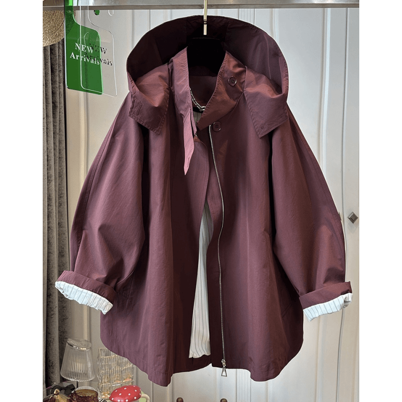 欧洲站高领连帽安可拉红风衣女外套独特宽松休闲时尚2025秋季新款