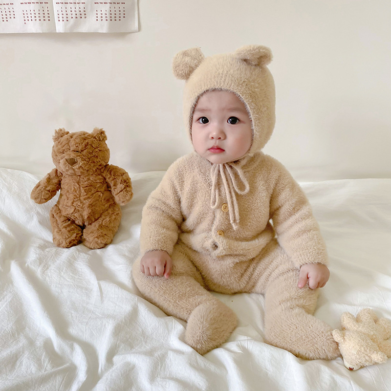婴儿秋冬装男女宝宝超萌仿水貂爬服新生儿可爱小熊包脚保暖连体衣