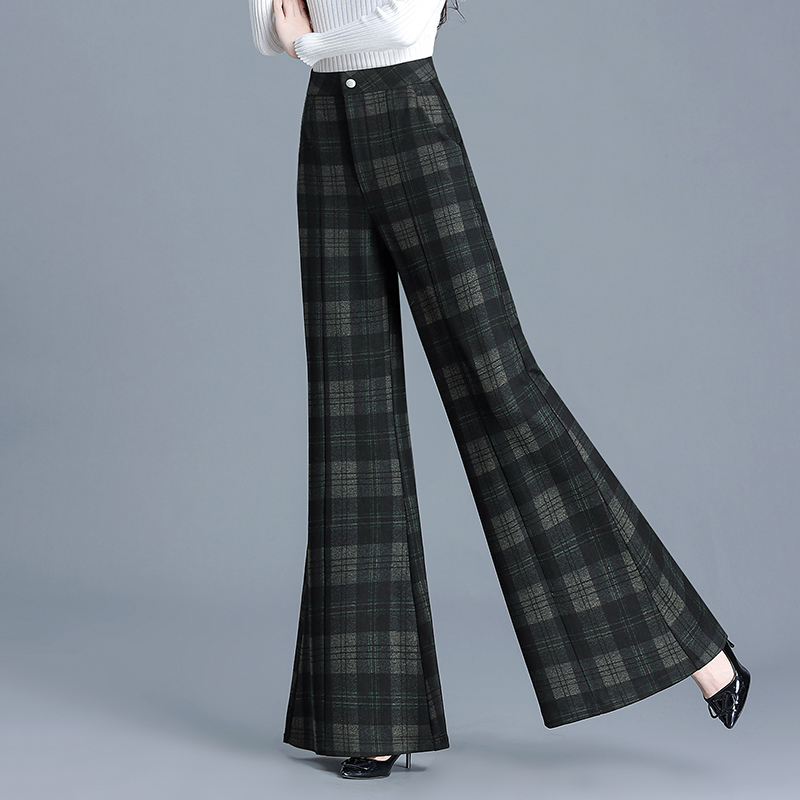 时尚喇叭裤阔腿大脚裤长裤宽松女高腰秋冬保暖毛呢阔脚甩裤格子裤