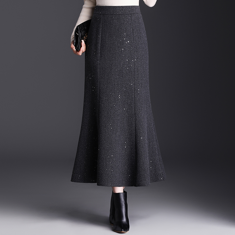 秋冬时尚鱼尾裙高腰显瘦修身亮片高级感鱼尾长裙包臀裙毛呢半身裙