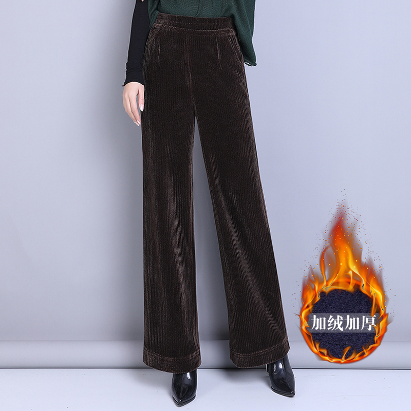 加绒雪尼尔阔腿裤女秋冬季加厚条绒裤高腰垂感拖地宽松大码直筒裤