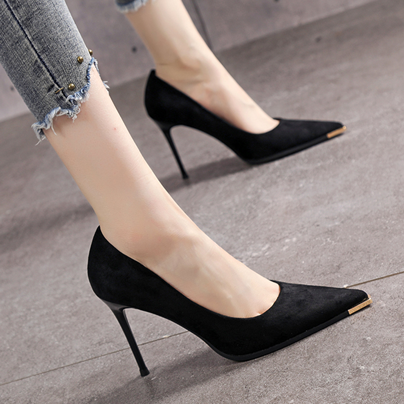 黑色职业高跟鞋细跟尖头欧美风时尚工作鞋春秋季简约百搭浅口单鞋