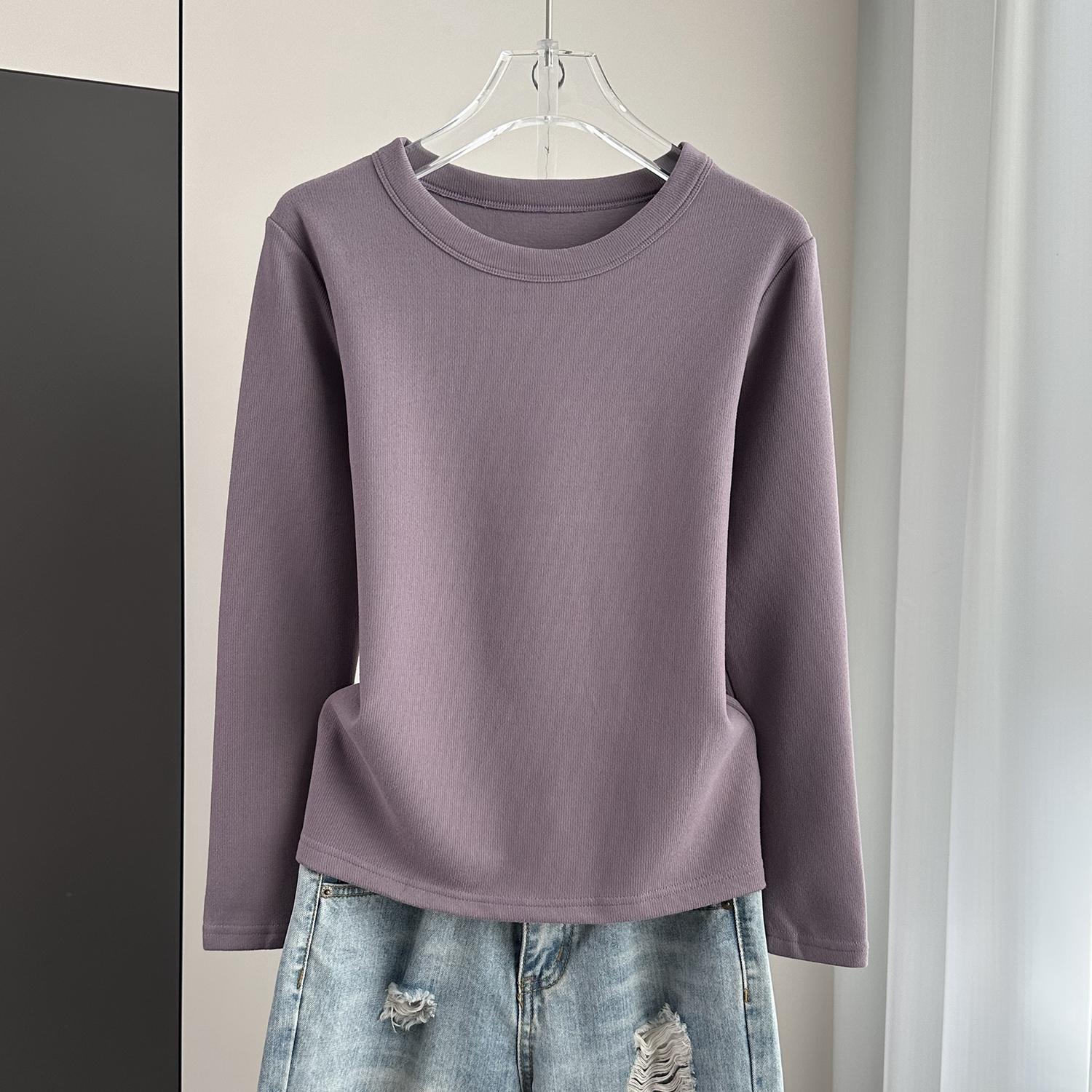 圆领加绒加厚打底衫女2024秋冬款一体绒保暖U领内搭磨毛长袖t恤