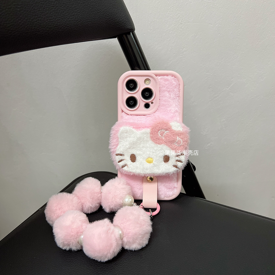 粉毛绒绒大脸Kitty苹果16手机壳挂绳iPhone15promax腕带14/13女12
