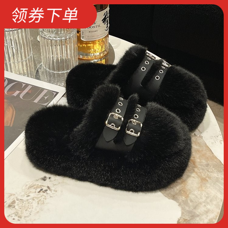 高级感厚底毛毛拖鞋女外穿秋冬包头半拖懒人松糕增高室内家居棉拖