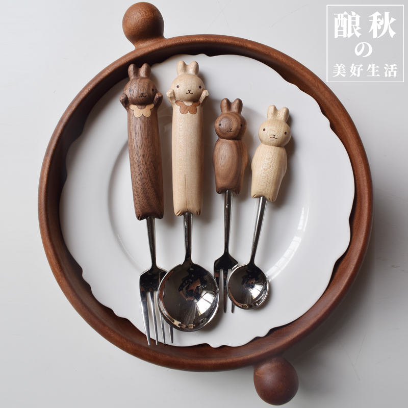 喵有型可爱兔子勺叉套装儿童餐具甜品沙拉水果西餐不锈钢勺子叉子