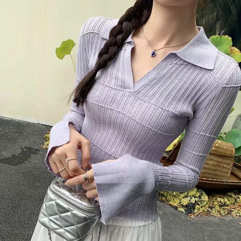 竹节肌理分割针织衫女2025春季新品V领喇叭长袖百搭修身显瘦上衣