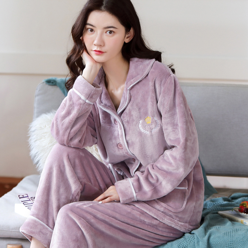 升级加厚云朵绒秋冬季珊瑚绒睡衣女套装加厚加绒法兰绒家居服套装