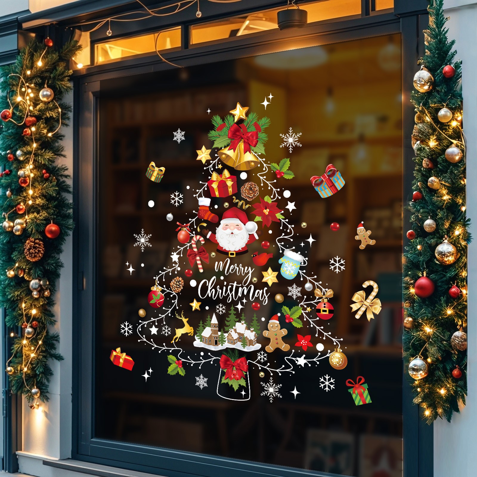 圣诞老人树装扮静电贴画圣诞节布置场景橱窗贴门贴装饰品玻璃贴纸