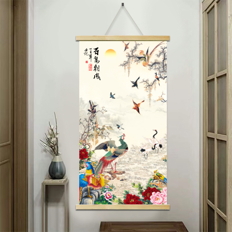 (百鸟朝凤)清晰木轴布艺挂画实木挂画卷轴山水清新家居装饰画高品