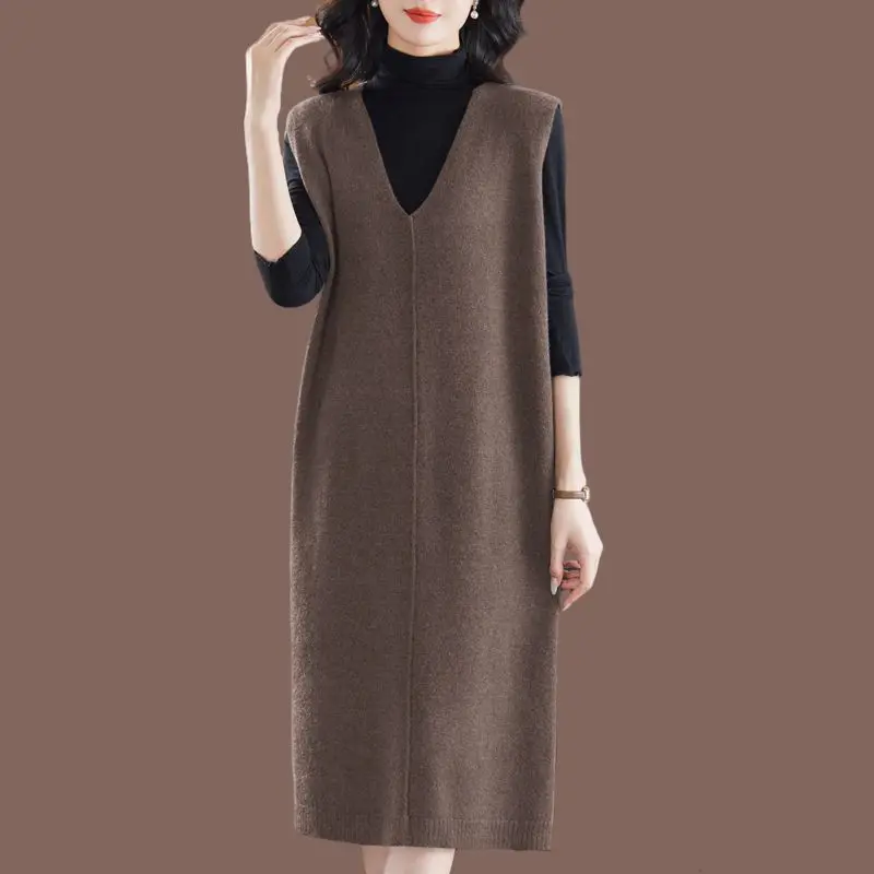 直筒长款针织毛衫纯色时尚马甲无袖上衣洋气遮肚子大码连衣裙宽松