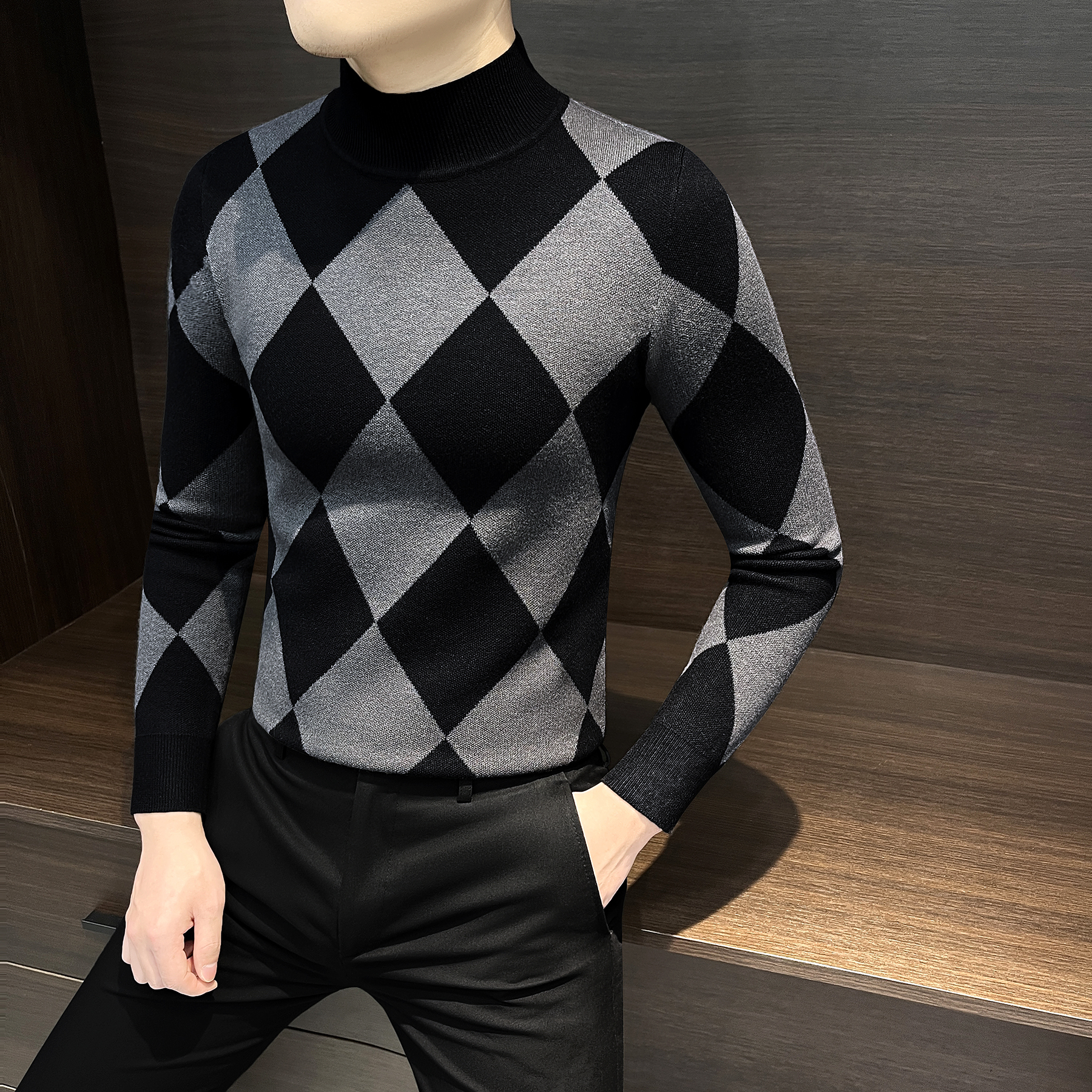 菱形格毛衣男款爆款2025新款秋冬中领拼色休闲长袖针织男士打底衫