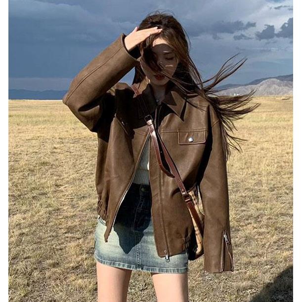2025新款复古皮衣外套棕色皮衣美拉德女春秋季冬爆款港风韩版外套