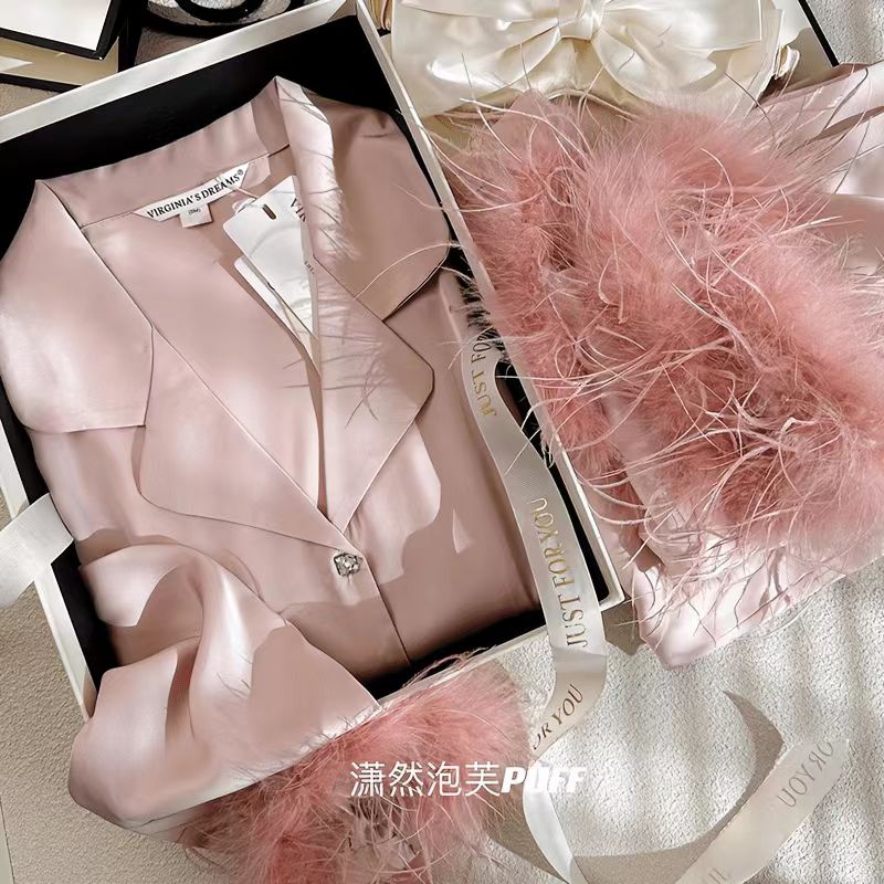 睡衣轻奢工冰丝羽毛秋冬新款缎面睡衣女士长袖家居服高贵系列套装