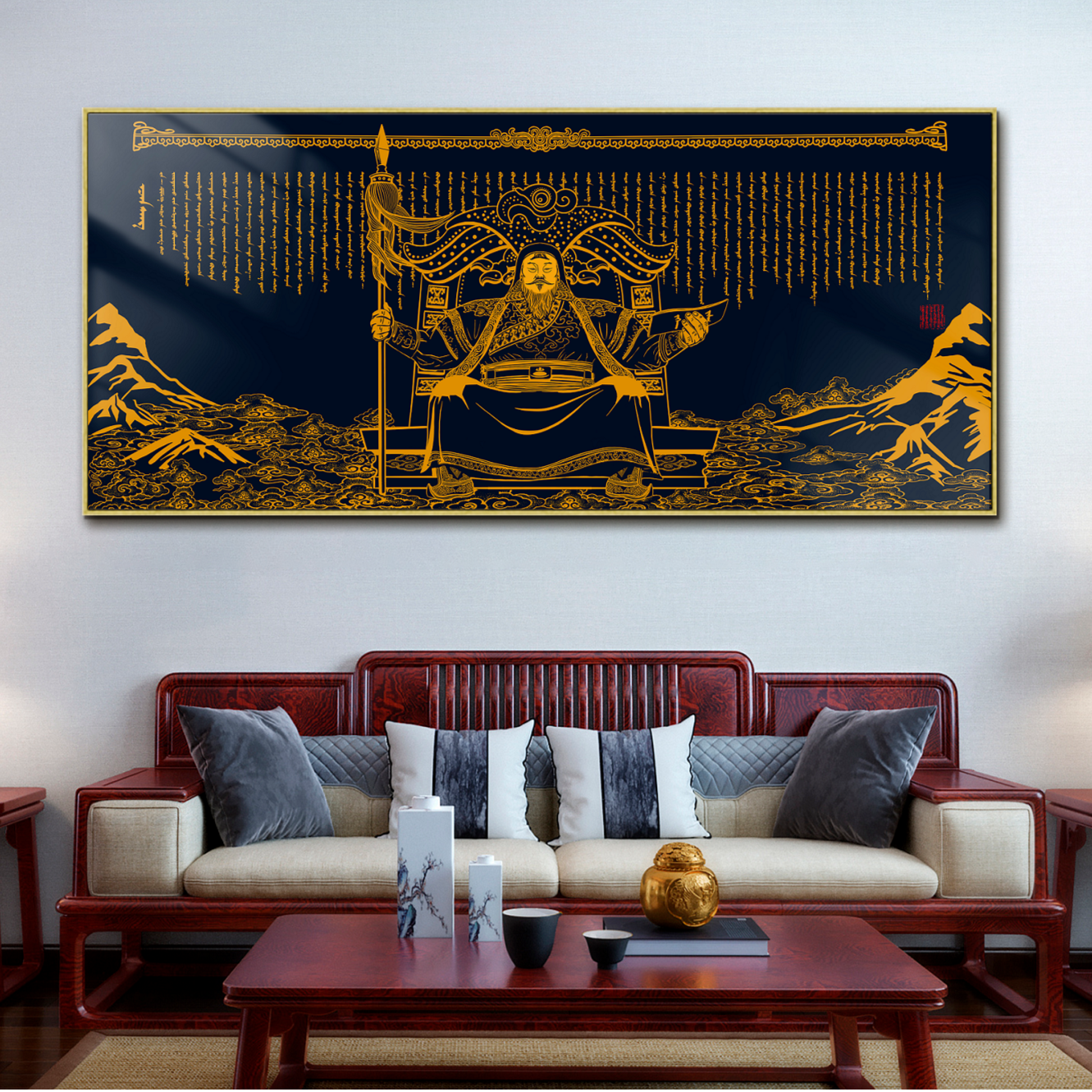 蒙古元素现代装饰晶瓷画额金桑客厅横款铝合金单幅装饰画方形平面