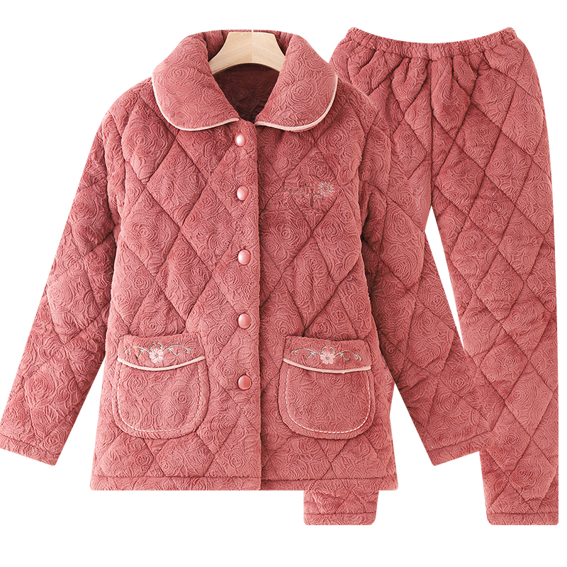 秋冬季睡衣女妈妈中老年人三层夹棉加厚加绒法兰绒保暖家居服套装