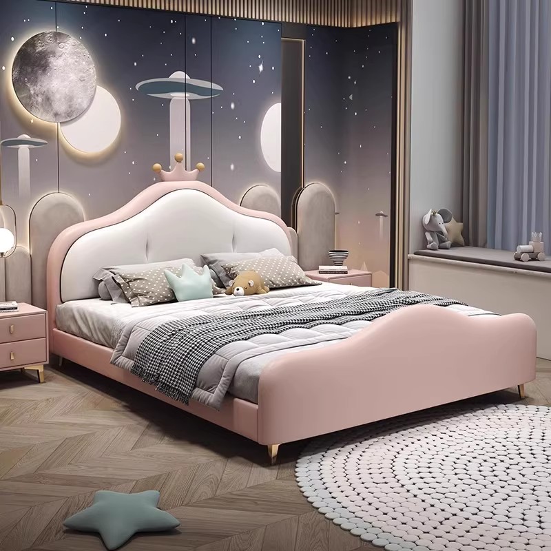 皇冠真皮床儿童床女孩子公主床卧室小孩单人床简约儿童房储物大床