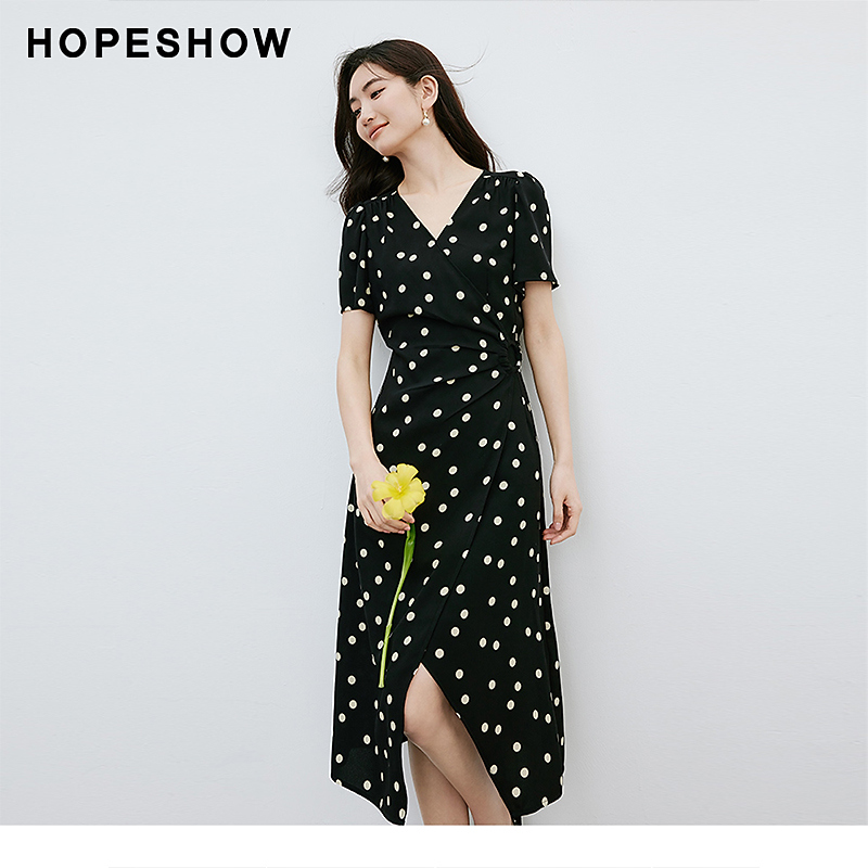 红袖时尚波点泡泡袖收腰V领套头女装连衣裙90224101604时尚