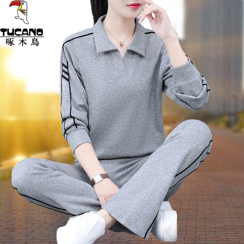 啄木鸟翻领卫衣套装女春秋新款中年妈妈女士春装休闲运动服两件套