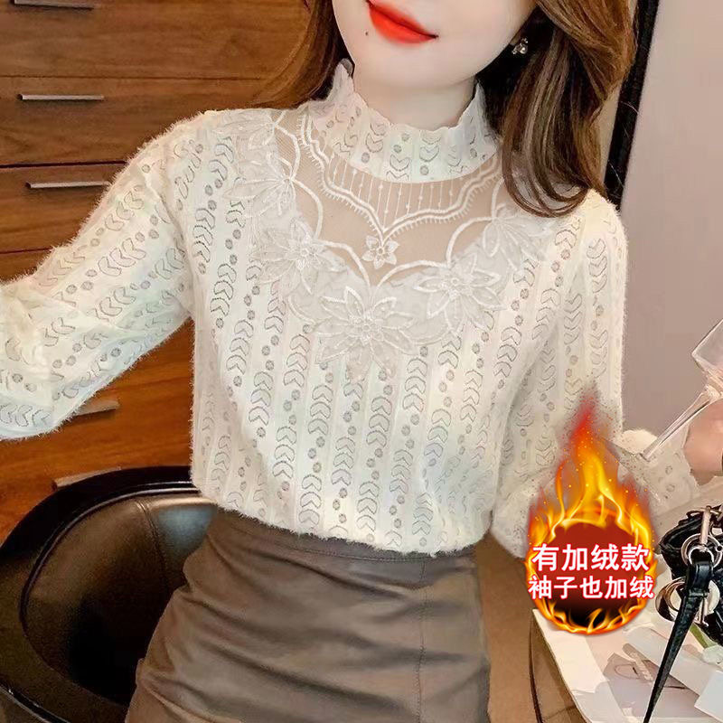 加绒加厚蕾丝打底衫女秋冬2024冬季新款洋气内搭小衫长袖上衣