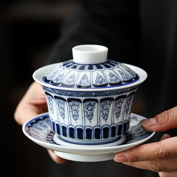 祖奇卷草纹青花三才盖碗茶杯单个高档防烫带盖泡茶碗家用陶瓷功夫