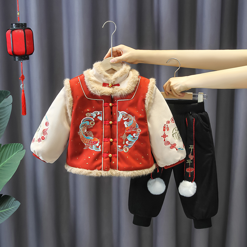 儿童冬季拜年服洋气套装男童汉服新中式红色喜庆唐装宝宝周岁礼服