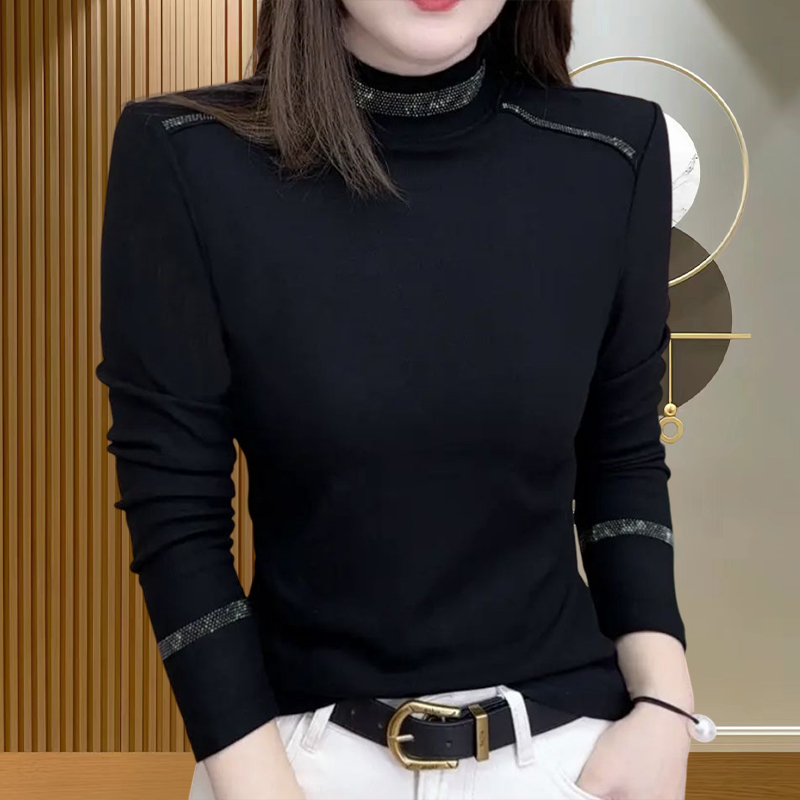 半高领打底衫女2025秋冬新款设计感烫钻长袖百搭纯色减龄显瘦上衣