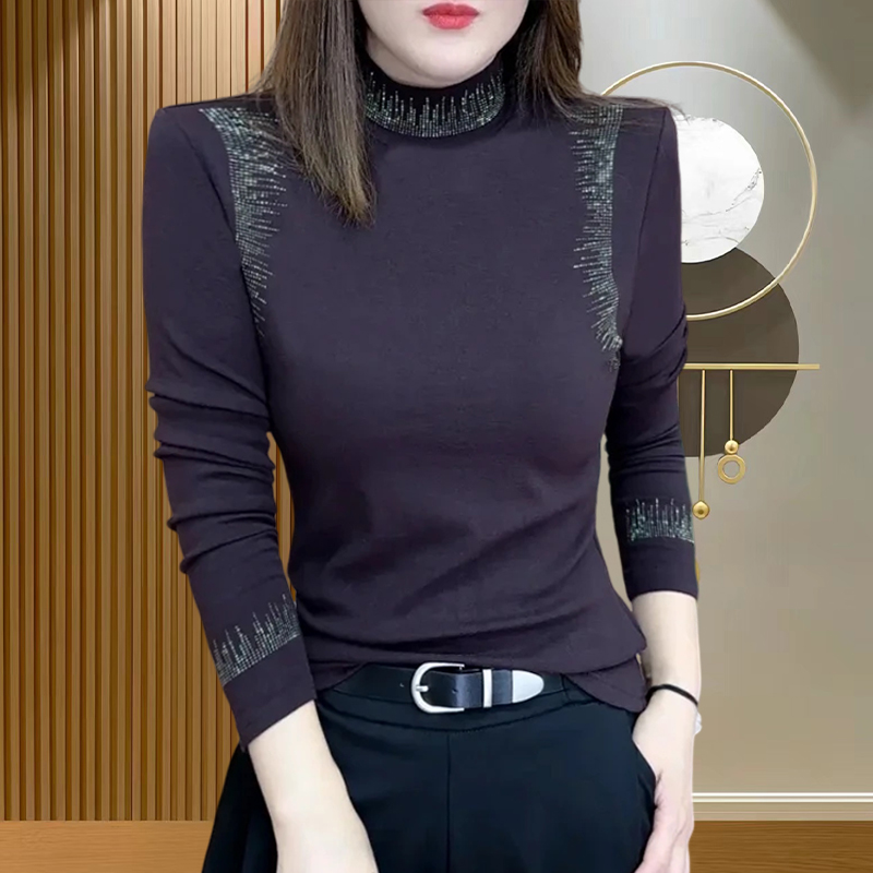 时尚半高领烫钻长袖打底衫女2024秋冬新款气质减龄显瘦女士上衣服