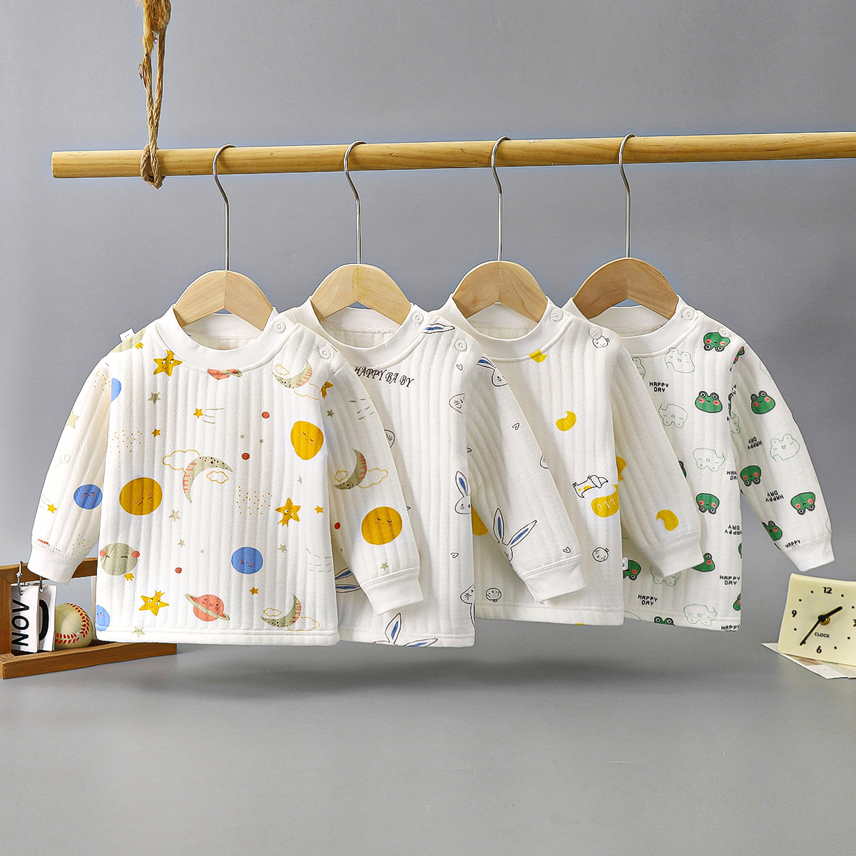 宝宝三层保暖上衣男童女童秋冬内衣婴幼儿夹棉秋衣儿童加棉打底衣