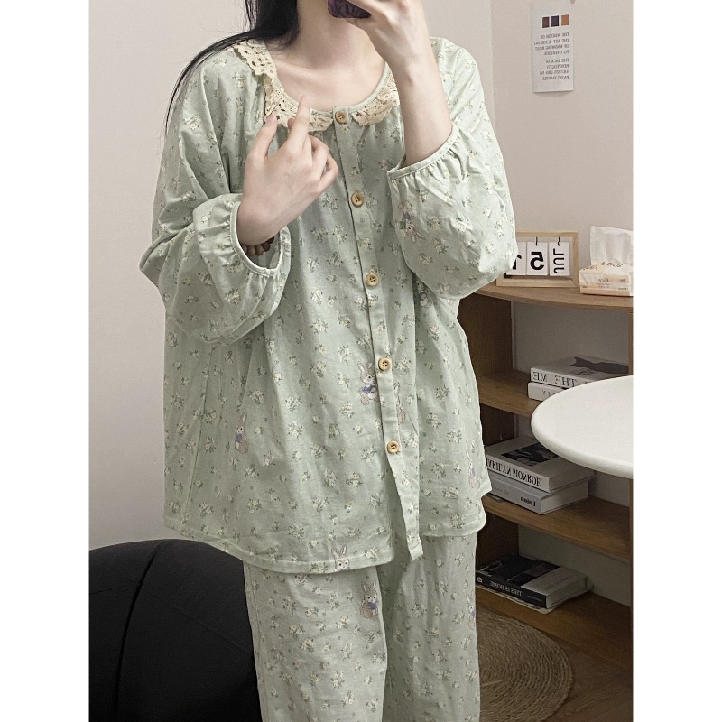 小羊家纯棉【花花小兔套装】春秋长袖长裤居家服睡衣宽松碎花减龄
