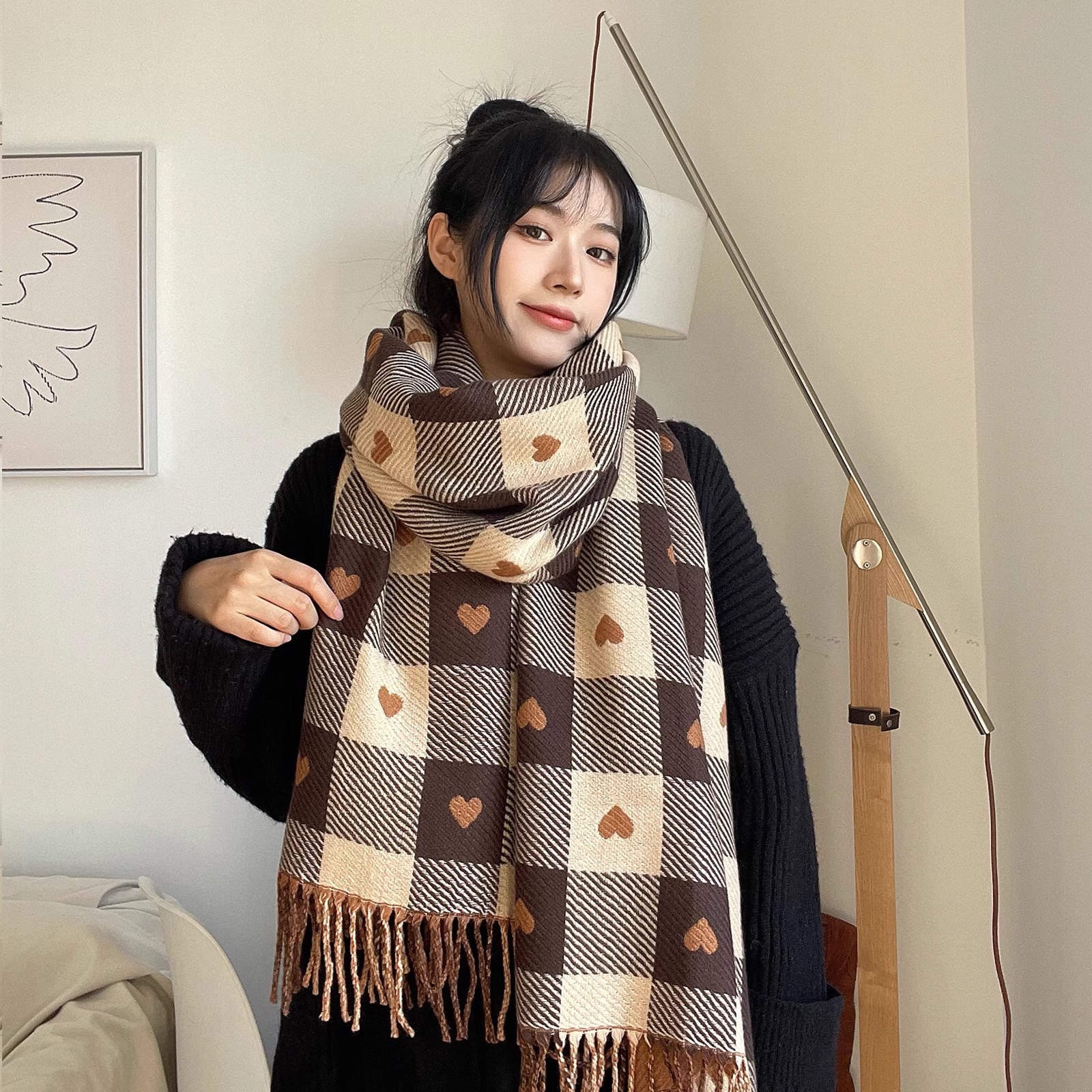 双面爱心格子围巾女冬季韩版高级感百搭披肩学生可爱保暖加厚围脖