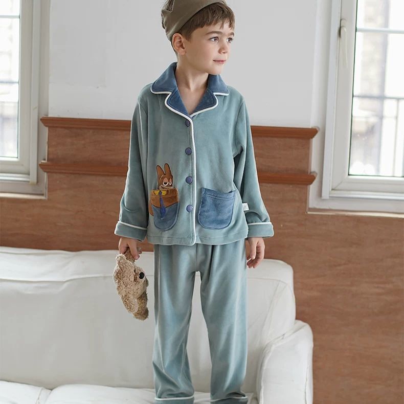 米筱米儿童秋冬加厚海岛绒秋冬季可爱卡通男童宝宝加绒保暖家居服
