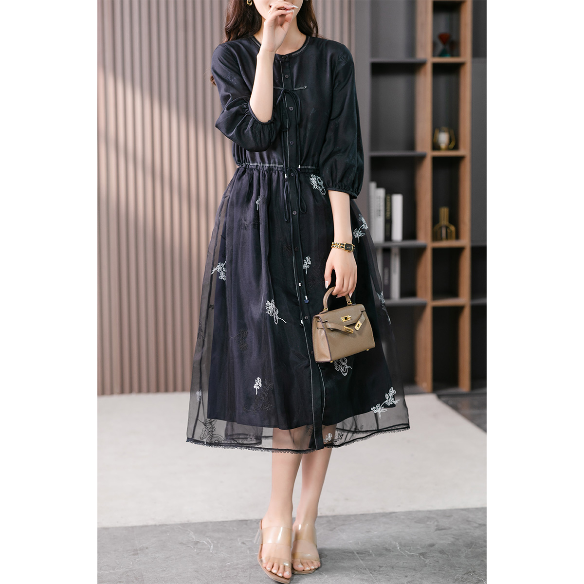 原形法式8姆米欧根纱12姆米乔其纱收腰女装连衣裙桑蚕丝U87890