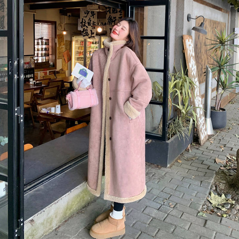 粉色长款皮毛一体大衣女2025冬季新款韩版宽松加厚羊羔绒棉服外套