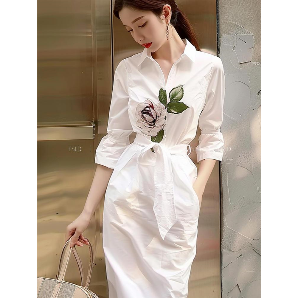 小个子显高冷淡风白色印花衬衫连衣裙子女2025新款夏季轻奢高级感