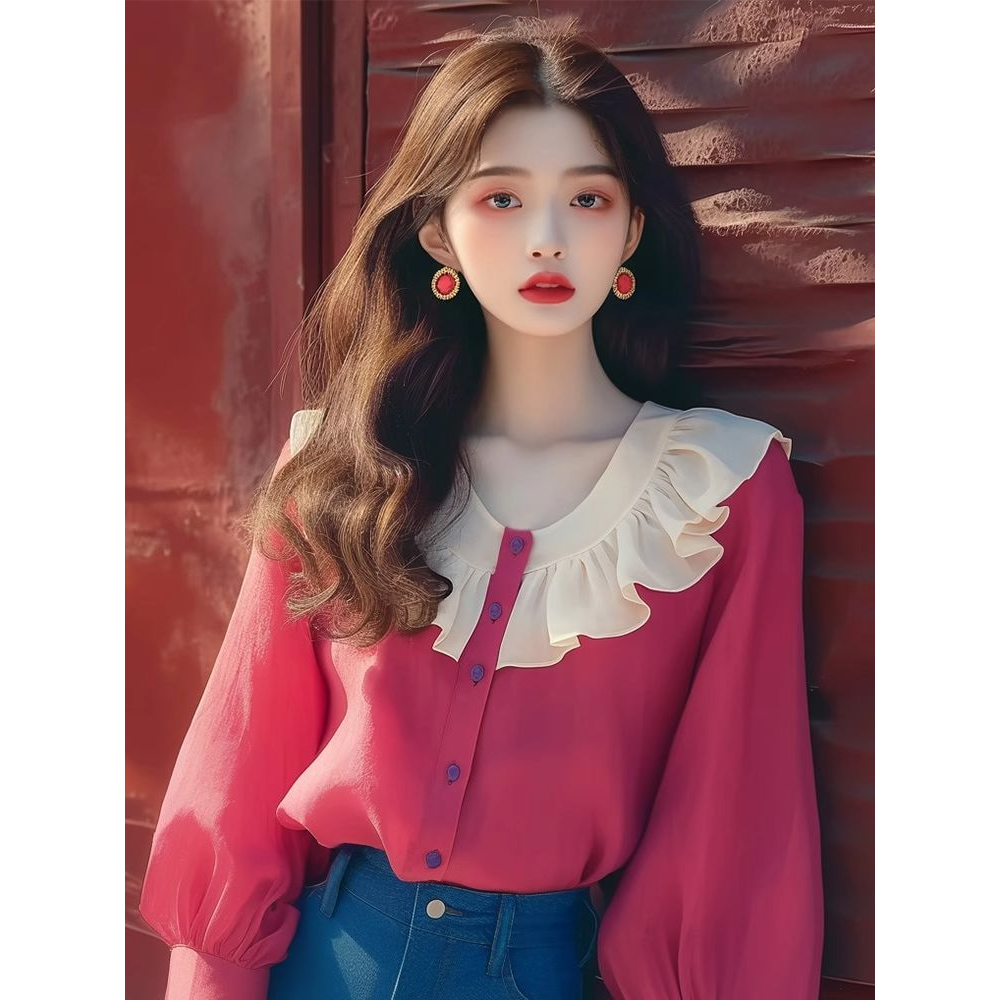 2025早秋新款法式独特小上衣温柔风韩系减龄玫红色雪纺荷叶边衬衫