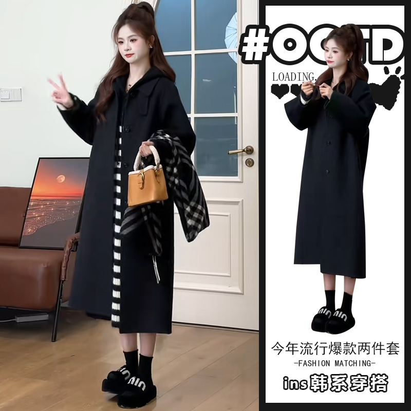 茶系穿搭一整套设计感宽松减龄连帽条纹连衣裙美式中长款呢子外套
