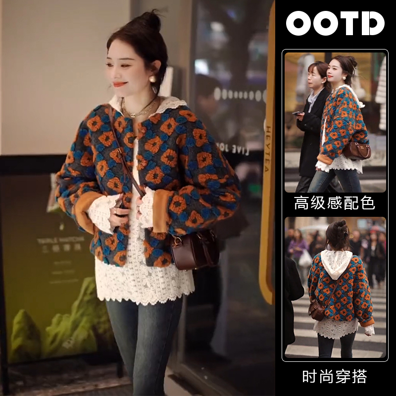 立体花朵设计感长袖宽松外套女2025春秋新款复古洋气短款开衫上衣