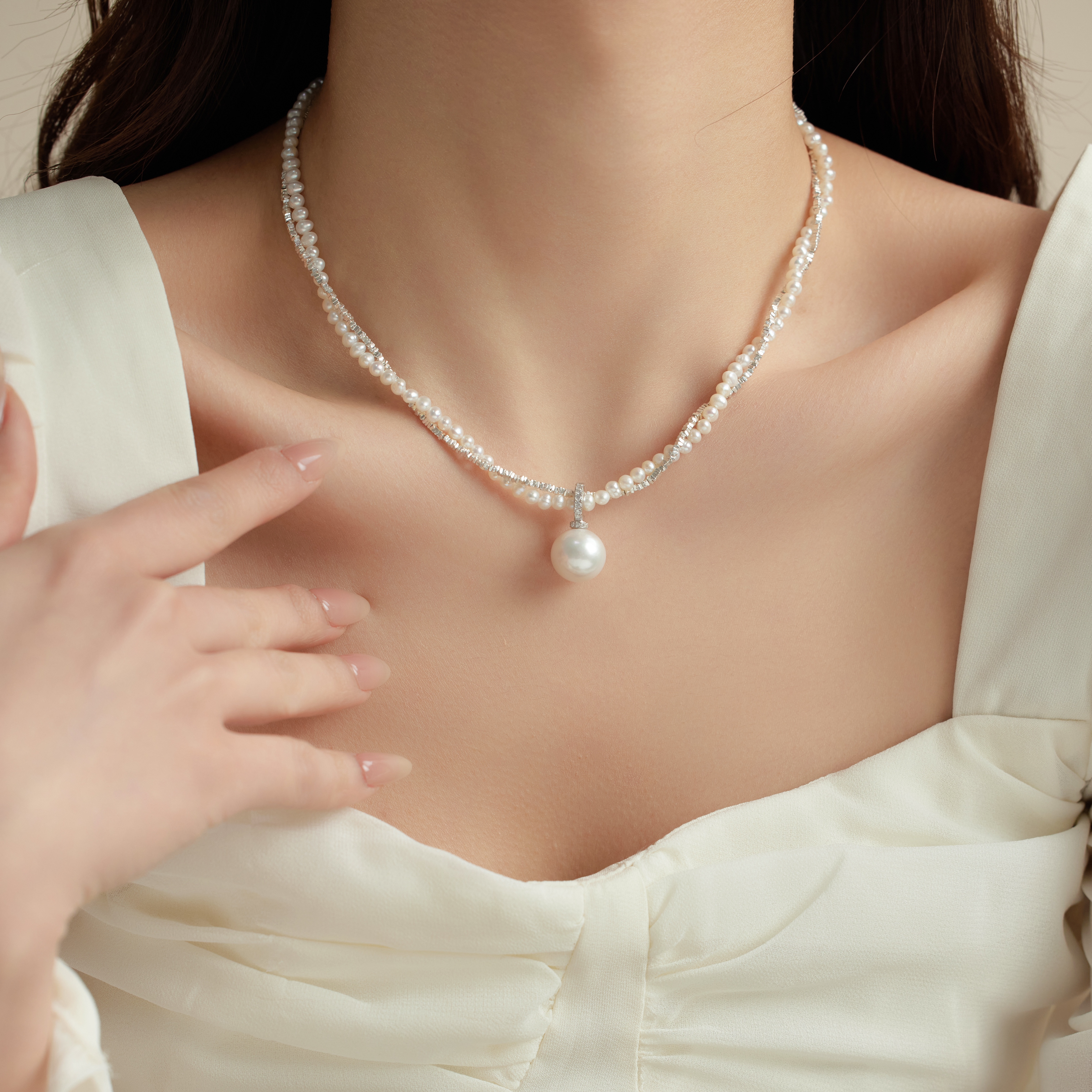 Ben.S本饰 四季强光天然淡水珍珠吊坠碎银子法式轻奢一款多戴项链