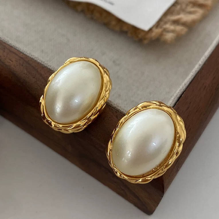 铜合金耳饰 中古复古欧美耳环女轻奢高级感气质简约椭圆耳钉港风