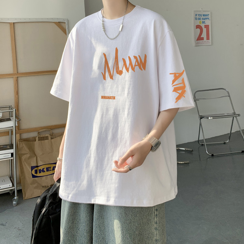 纯棉短袖t恤男士夏季宽松圆领印花休闲百搭300斤半袖美式复古男装