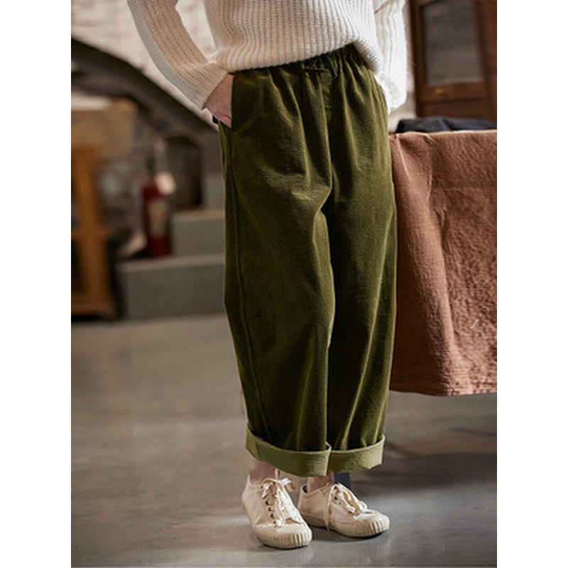 春夏新品文艺复古棉质灯芯绒松紧腰宽松显瘦直筒纯色阔腿裤长裤