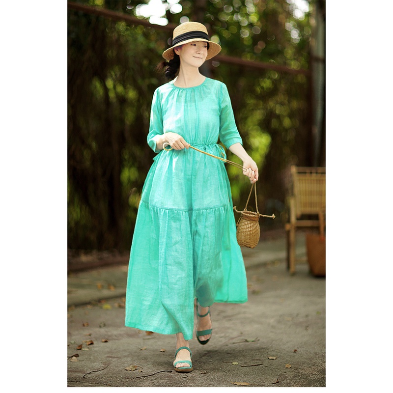 春夏裙子文艺复古森系仙气炒色纯苎麻轻薄七分袖纯色长款连衣裙
