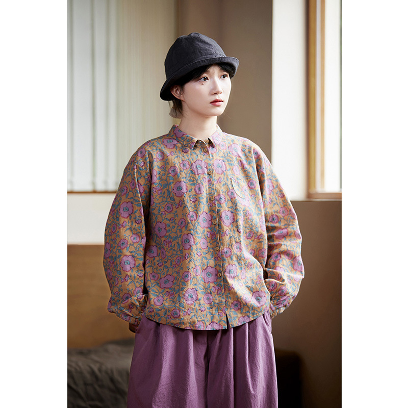 秋冬上衣文艺复古中式原创女装棉麻宽松拙朴宽松长袖开襟印花衬衫