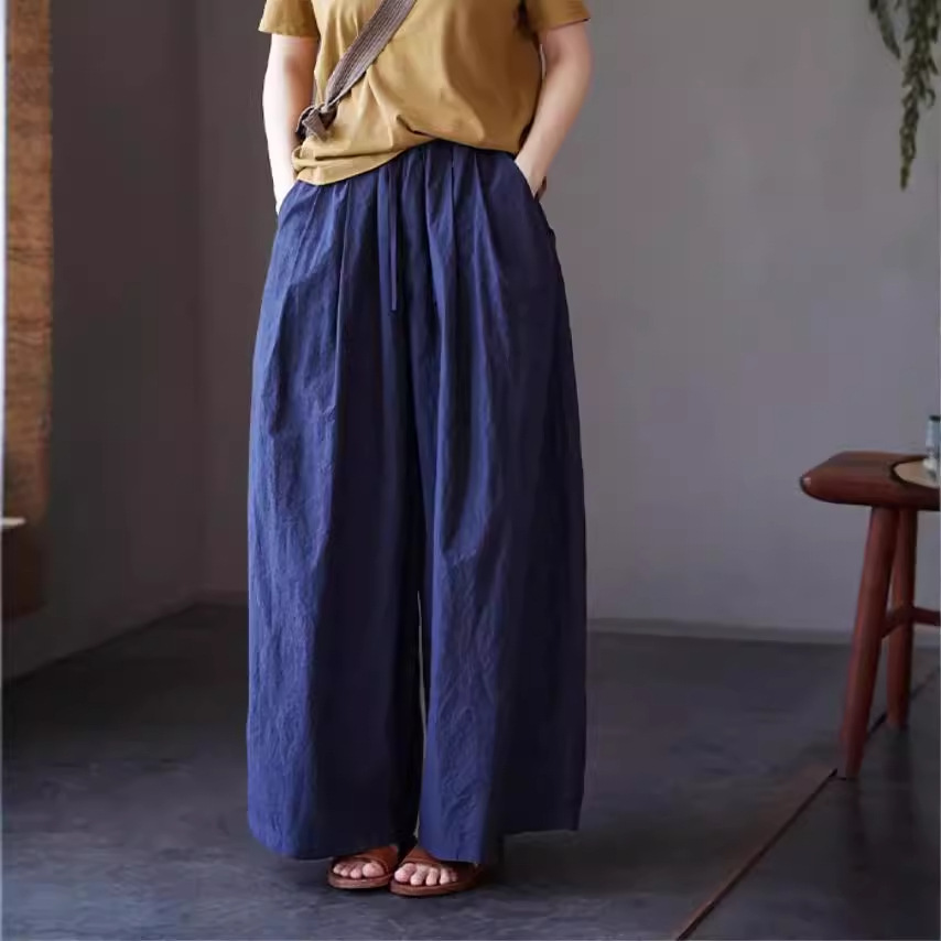文艺蓝色棉麻女装秋季新款宽松显瘦棉质松紧腰纯色阔腿裤长裤女
