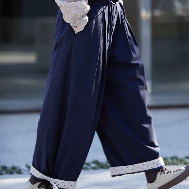秋冬直筒阔腿裤九分冬款复古双股纱支织造松紧腰直筒棉裤宽松