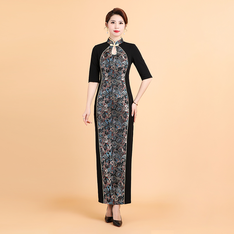 中国风新款黑色秋冬旗袍气质优雅长款中式立领演出旗袍L5325-2