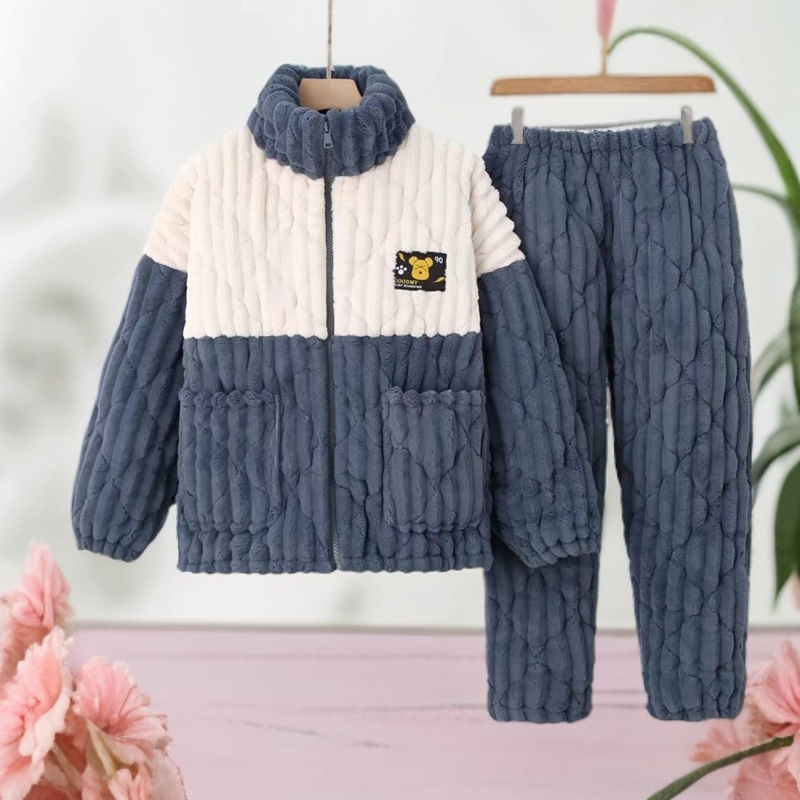 冬款青年男保暖拉链立领睡衣珊瑚绒夹棉加厚时尚可外穿家居服套装