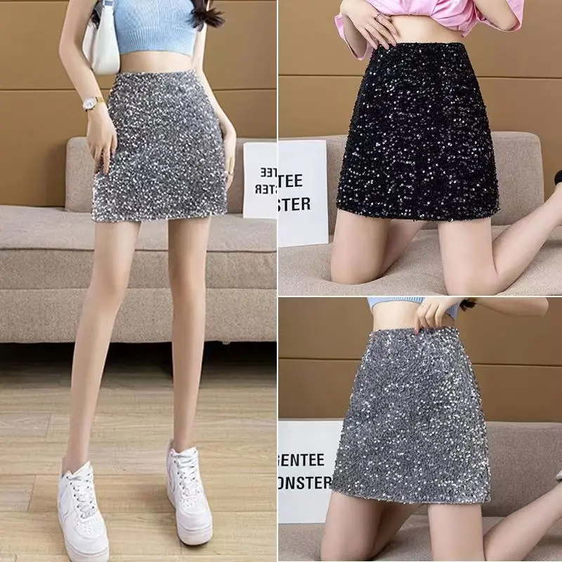 黑色高级亮片半身裙女秋季设计感小众高腰显瘦裙子a字包臀裙短裙